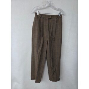 Talbots Vintage Wool Blend Glen Plaid Pleated Tapered Trousers Womens 8 Brown